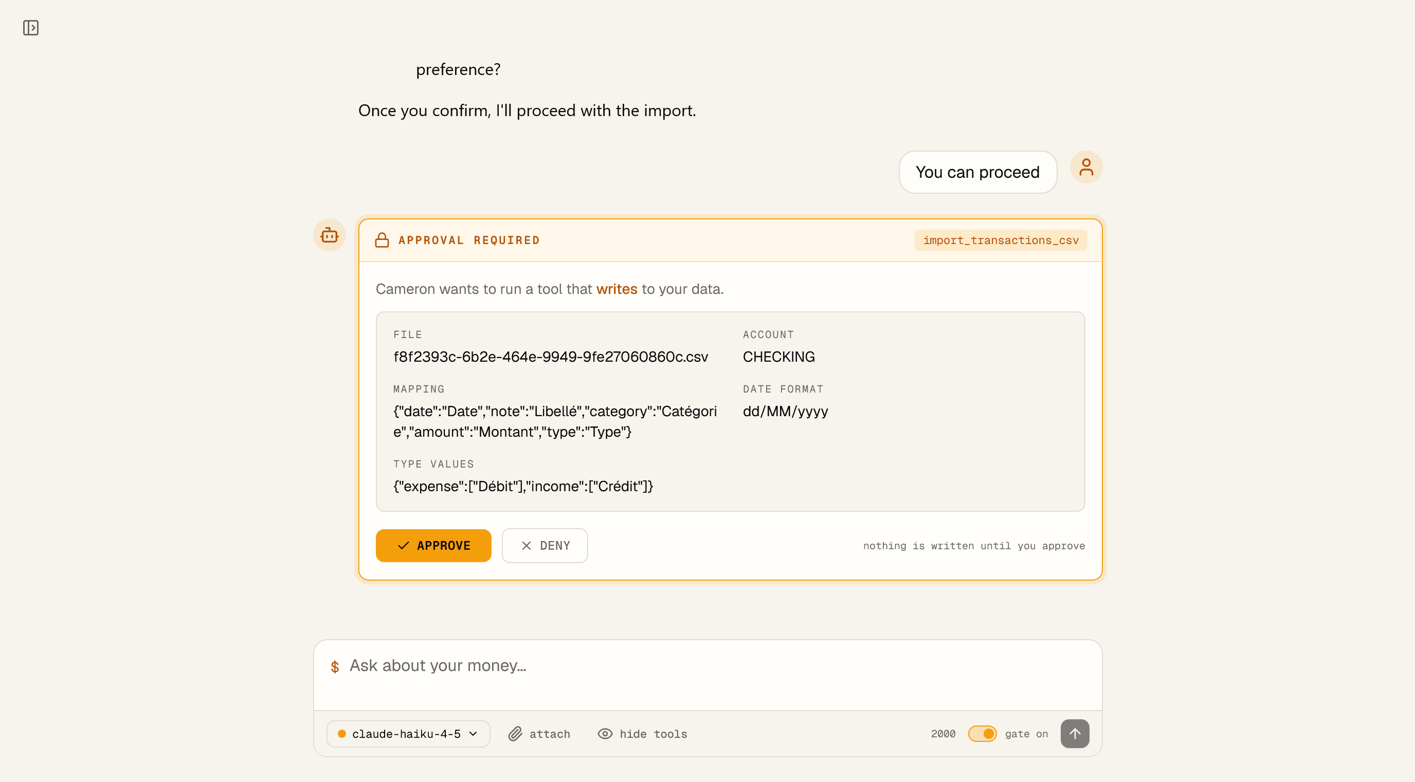 The approval gate: Cameron asks to run import_transactions_csv, showing the file, account, column mapping and date format, with Approve and Deny buttons.