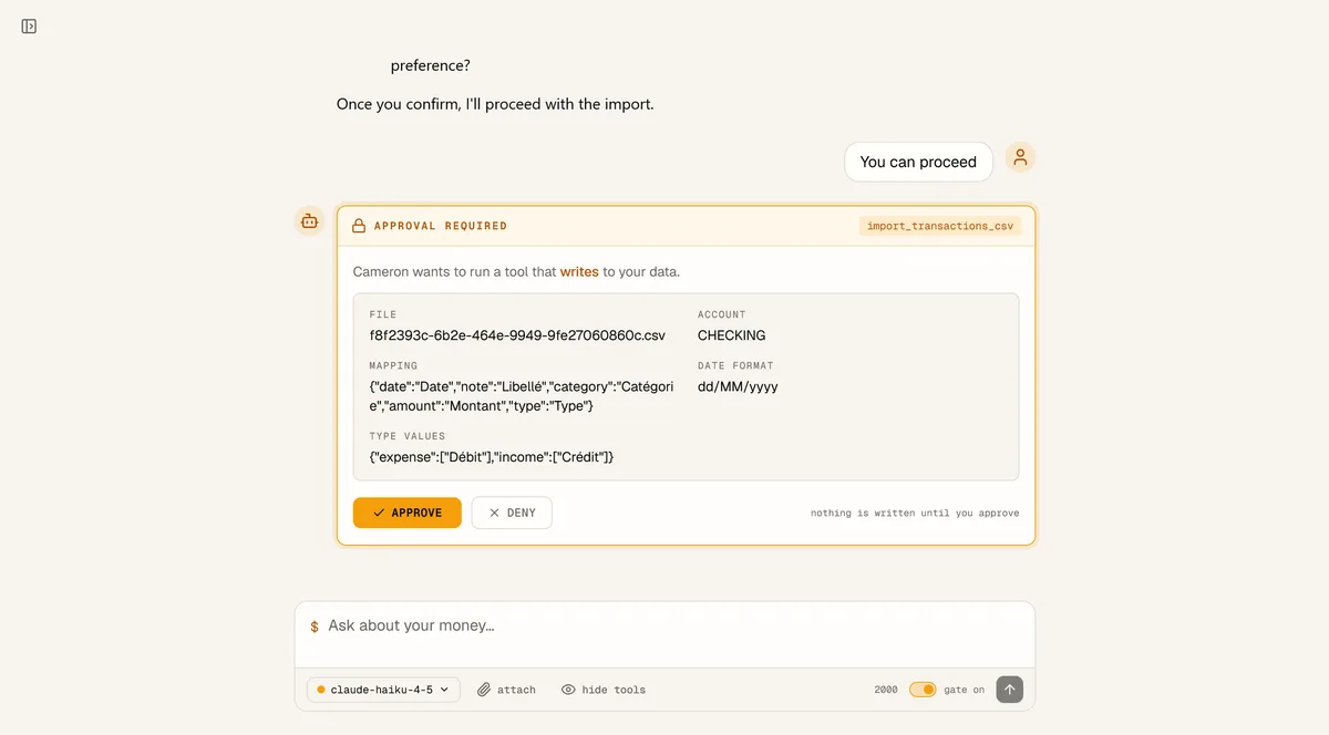 The approval gate: Cameron asks to run import_transactions_csv, showing the file, account, column mapping and date format, with Approve and Deny buttons.