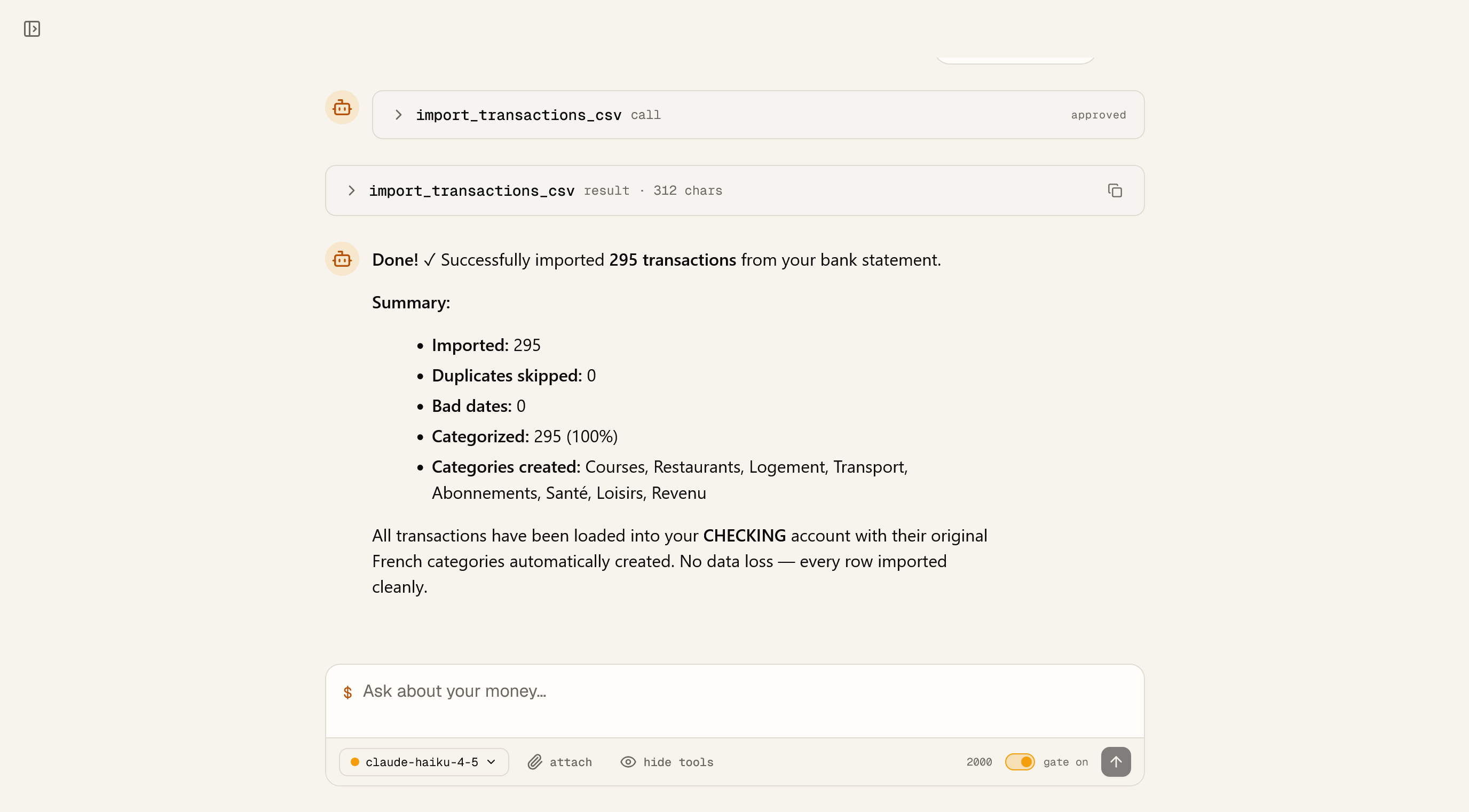 The approved import tool call and its result: 295 transactions imported, 0 duplicates, 0 bad dates.
