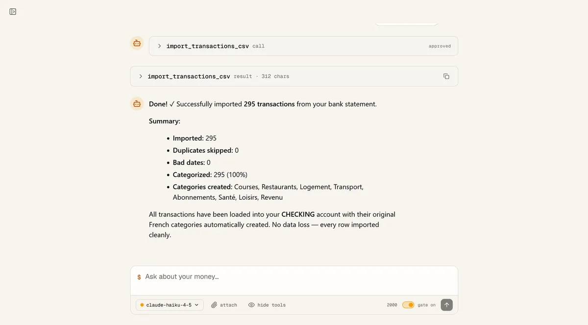 The approved import tool call and its result: 295 transactions imported, 0 duplicates, 0 bad dates.
