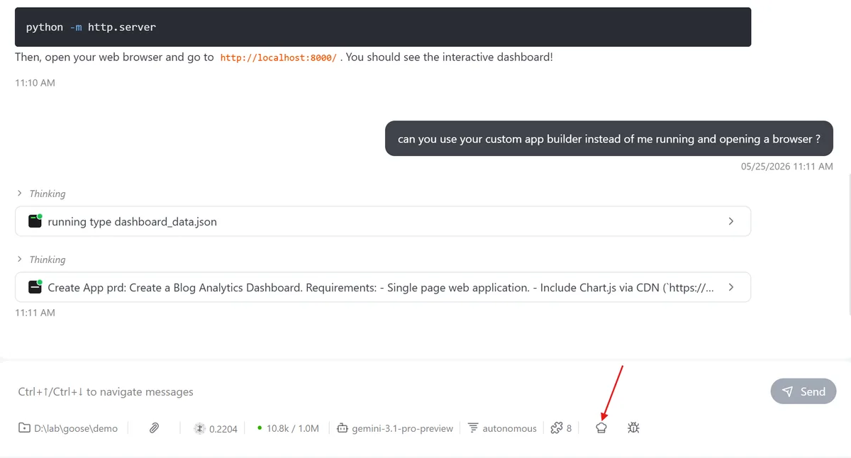 The Create Recipe button in the Goose session interface