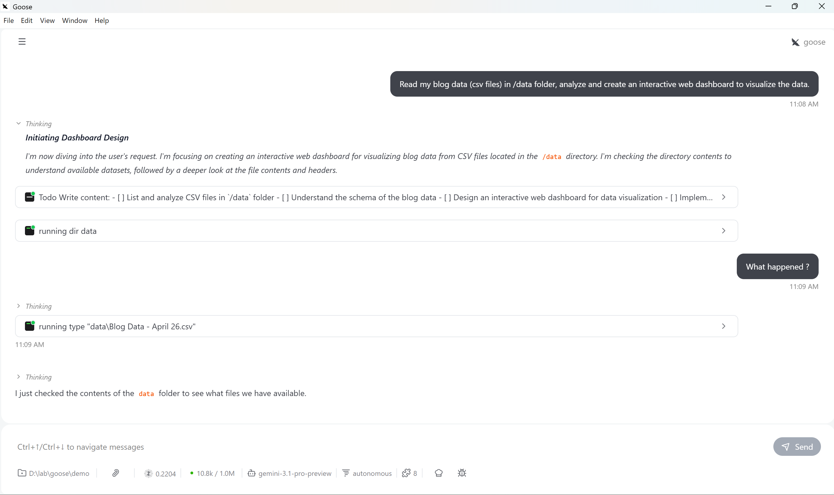 Goose desktop session showing a task in progress