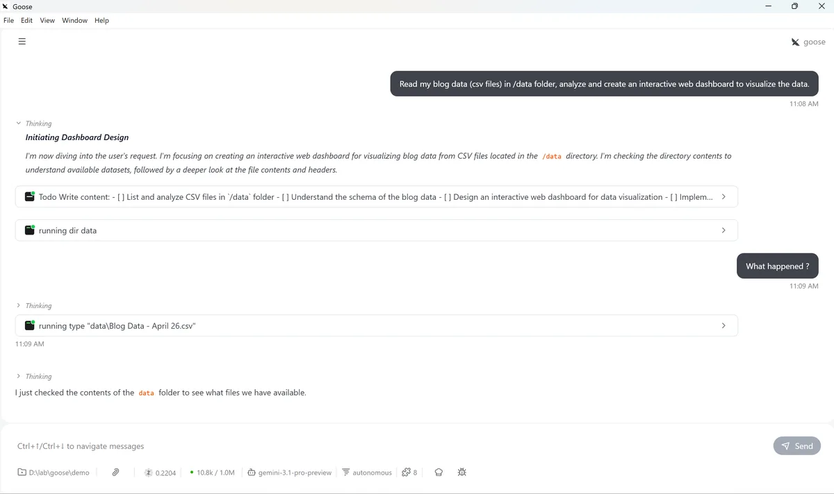 Goose desktop session showing a task in progress