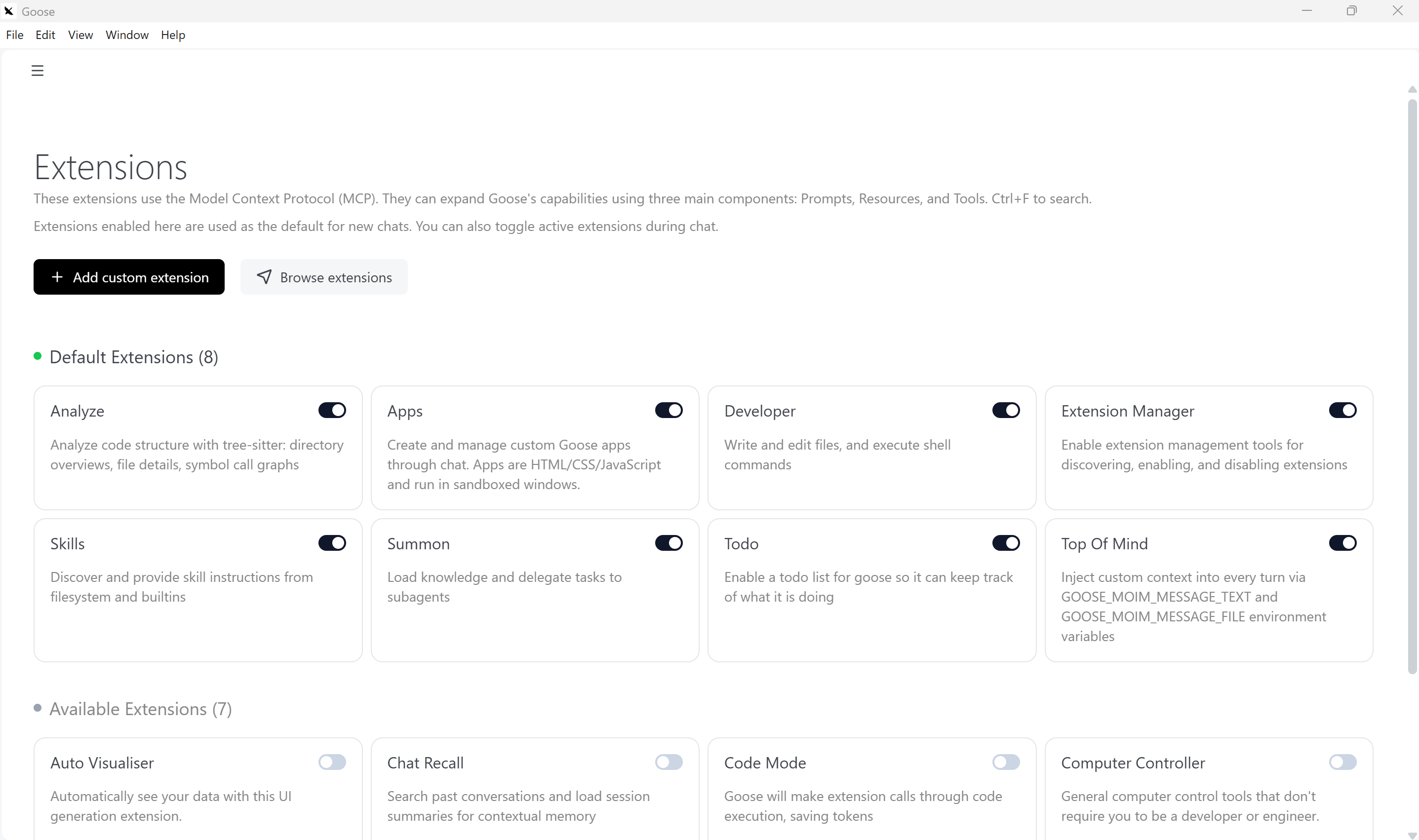 The Goose extensions marketplace showing available MCP integrations