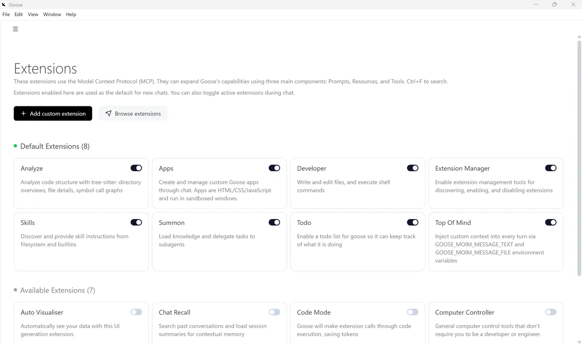 The Goose extensions marketplace showing available MCP integrations