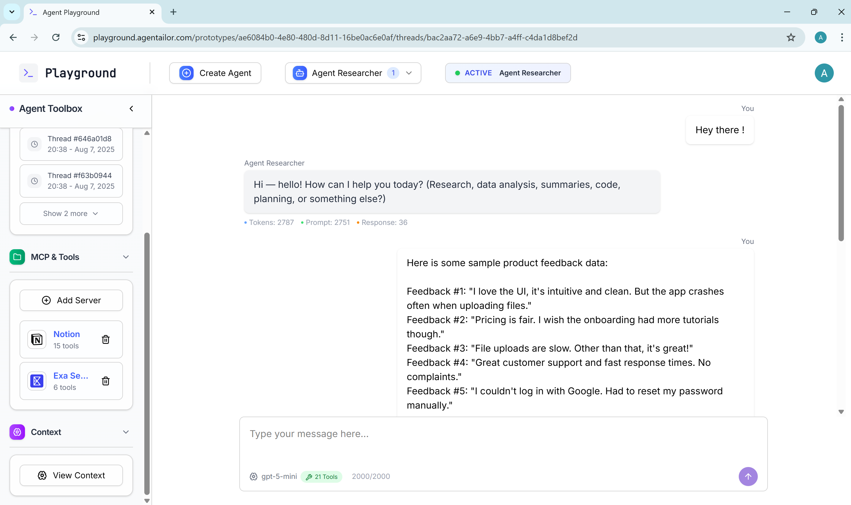 Chat with GPT-5 Mini on Agent Playground