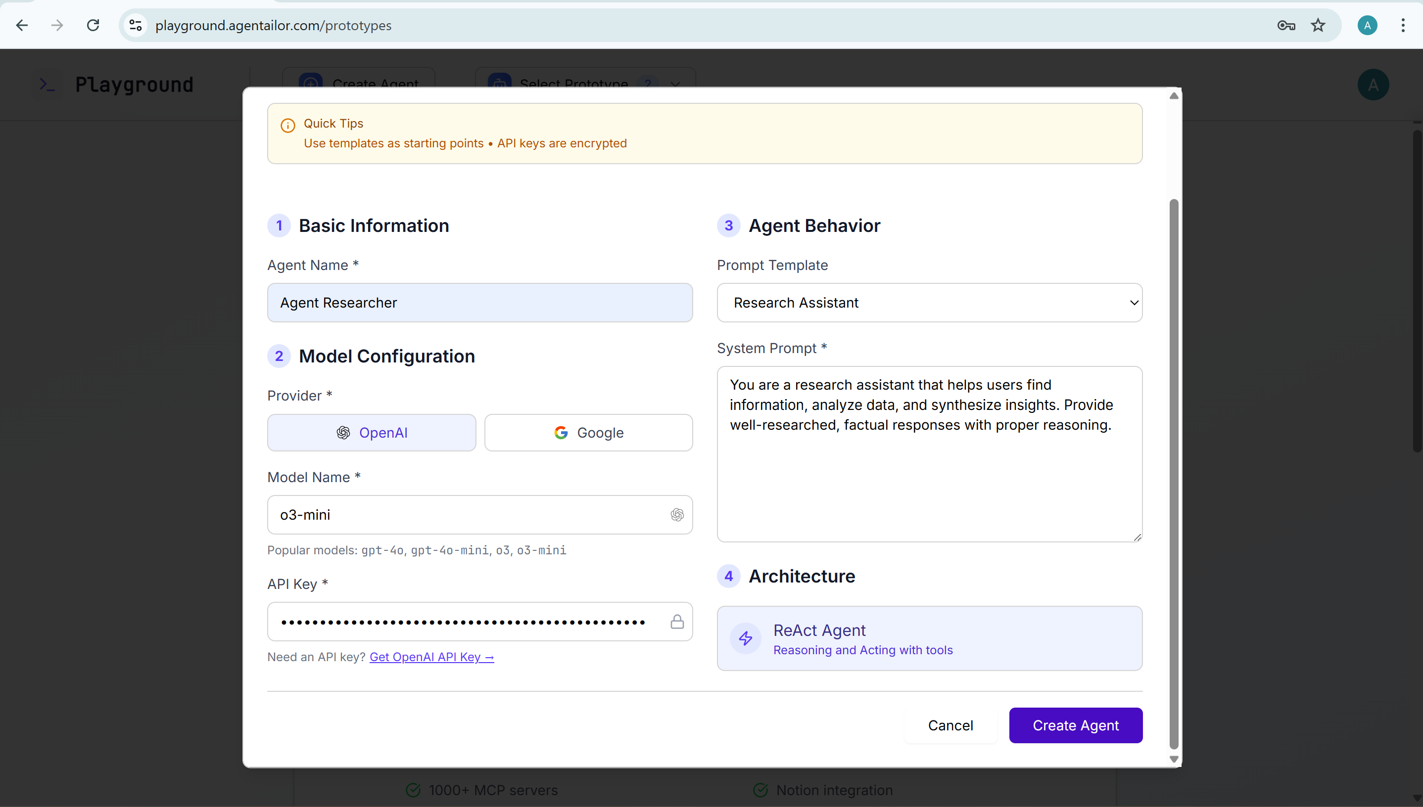 create agent form