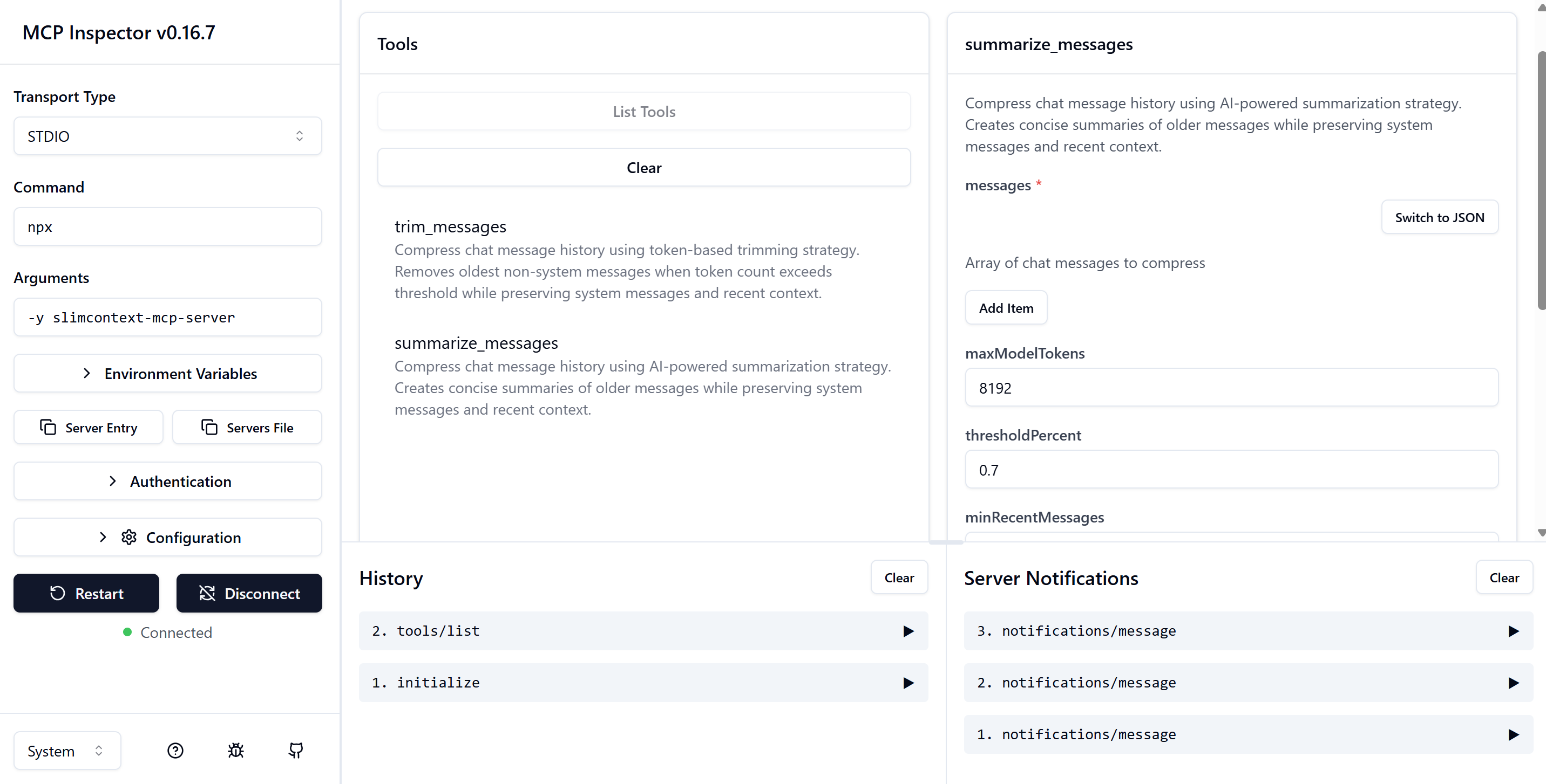 Slimcontext Server on MCP Inspector
