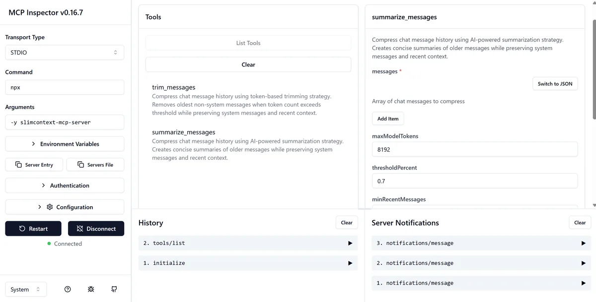 Slimcontext Server on MCP Inspector