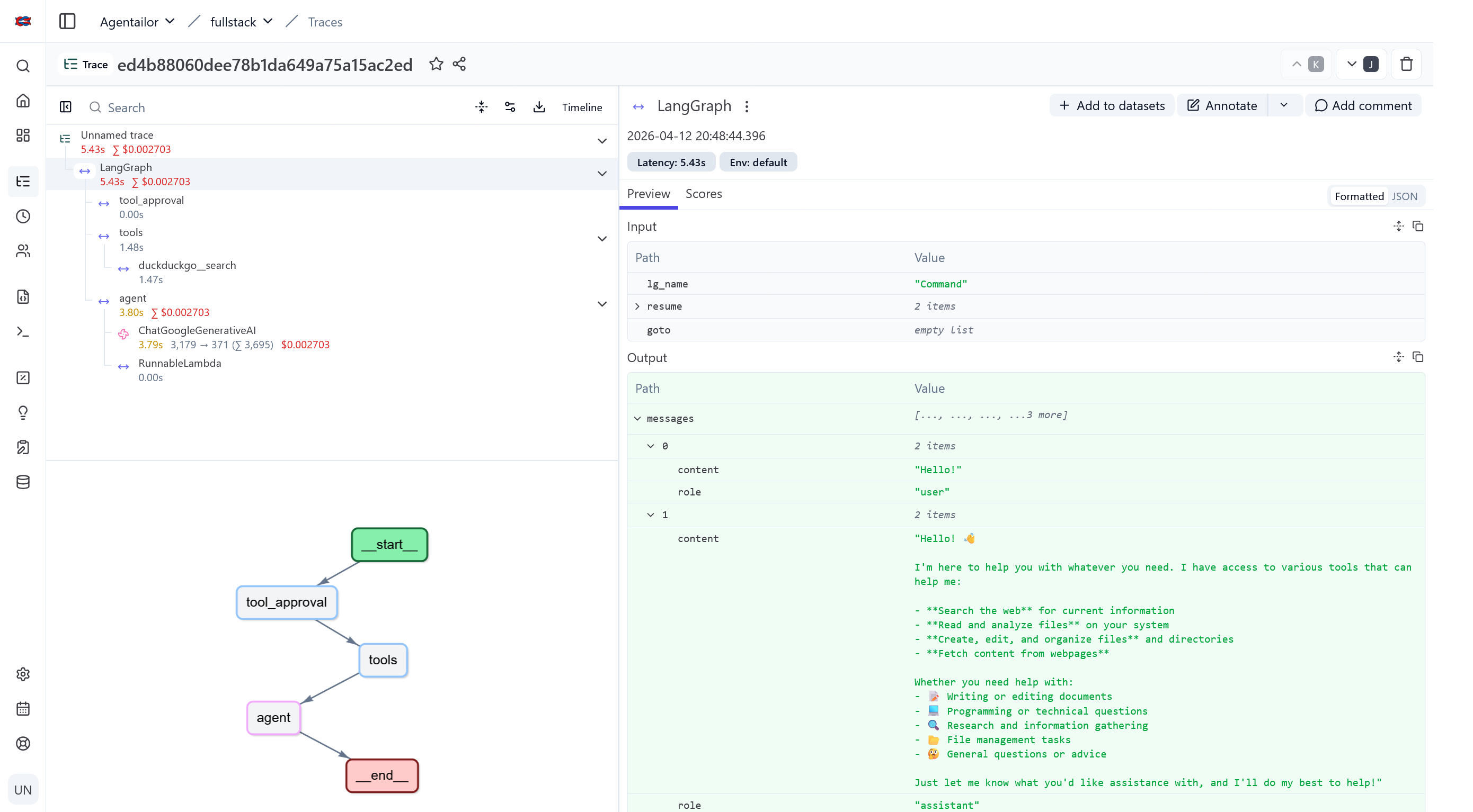Langfuse trace view showing LangGraph agent execution