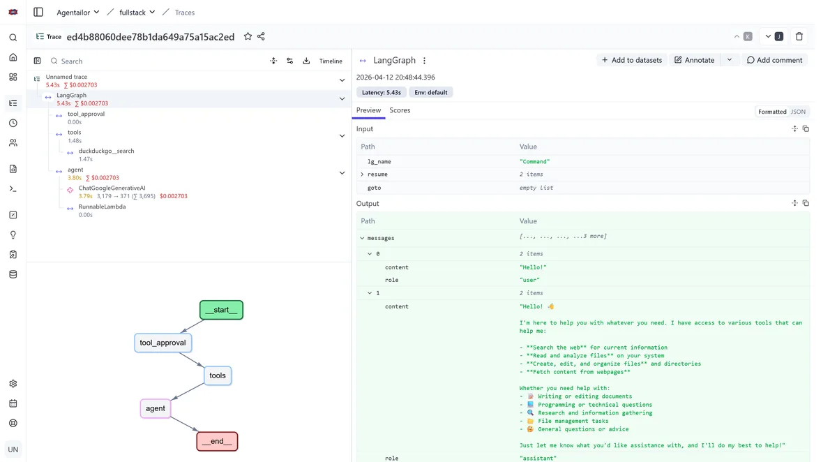 Langfuse trace view showing LangGraph agent execution