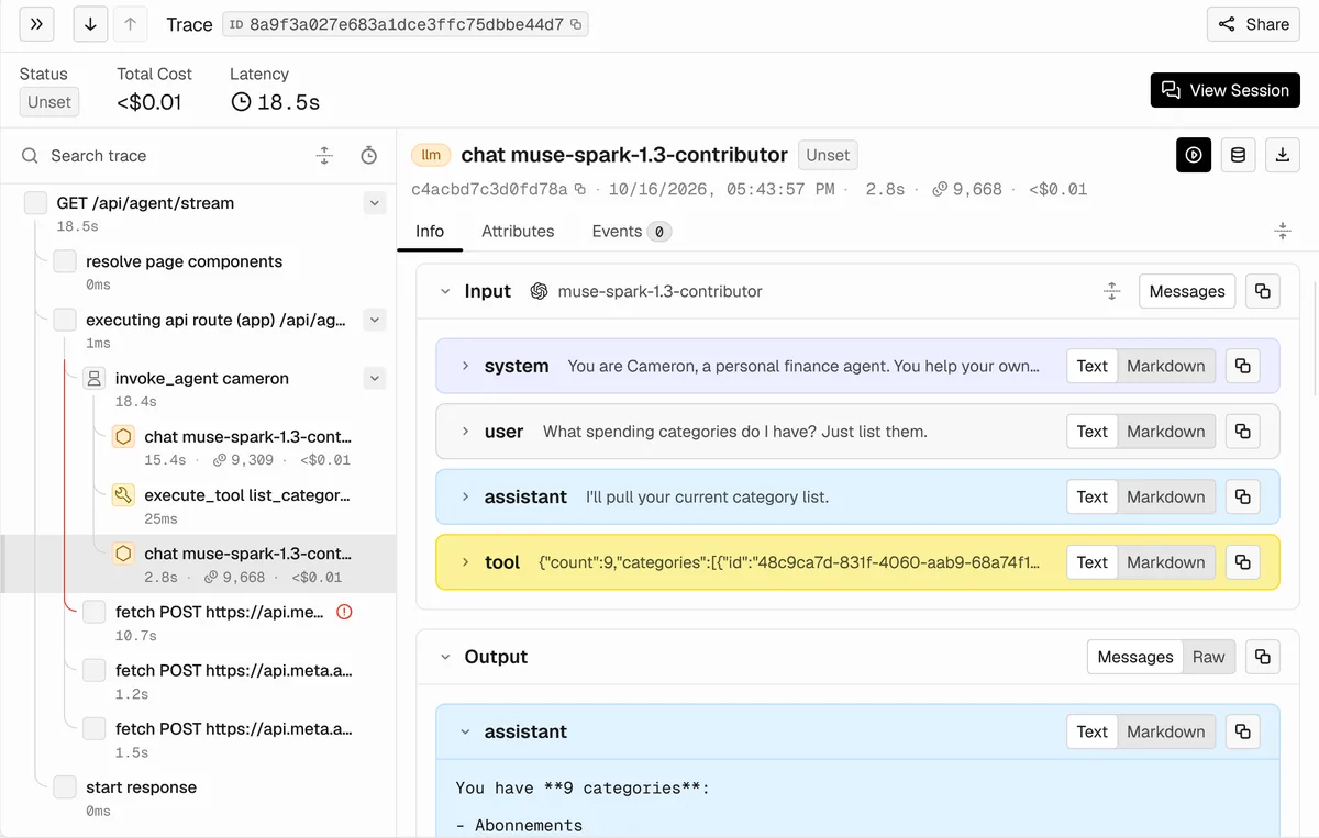 Phoenix trace of a similar Cameron run with content capture on. The selected chat span's input now lists the full message history: the system prompt, the user asking for a chart of August expenses, the assistant's replies, and tool results including the finance schema and a run_sql result with spending totals by category.